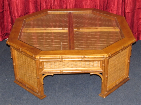 HIGH QUALITY & ATTRACTIVE WOOD COFFEE TABLE WITH CANE ACCENTS & GLASS INSERTS