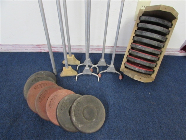 VINTAGE SHUFFLE BOARD GAME INCLUDING PUCKS & POLES