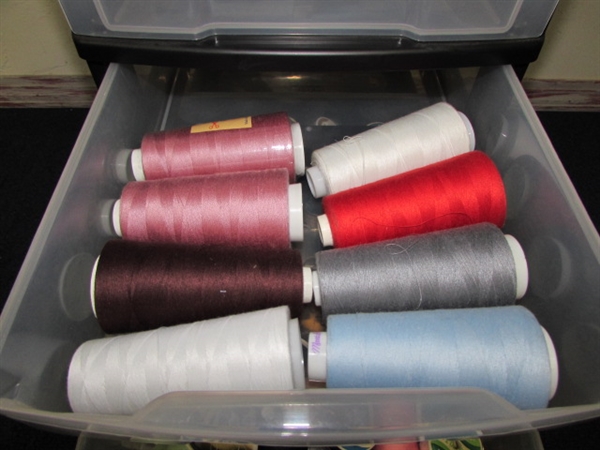 SIX DRAWER ORGANIZER FULL OF 41 LARGE SPOOLS OF SERGER THREAD, OVER 100 SMALL SPOOLS OF THREAD & MORE