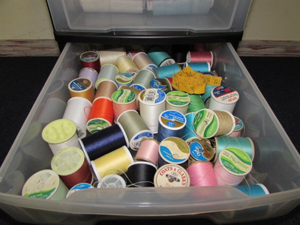 SIX DRAWER ORGANIZER FULL OF 41 LARGE SPOOLS OF SERGER THREAD, OVER 100 SMALL SPOOLS OF THREAD & MORE