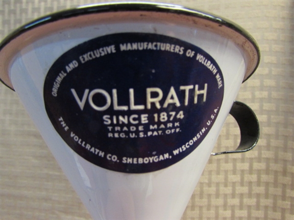 VINTAGE VOLLRATH ENAMELWARE FUNNEL & MEASURING CUP