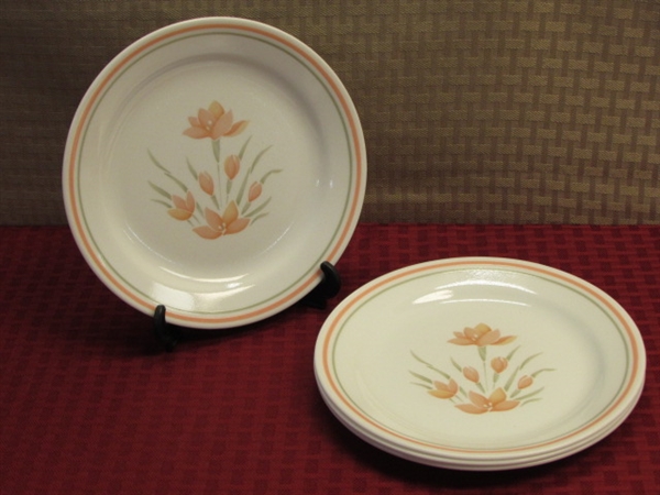 CORELLE! PEACH FLORAL DINNER & DESSERT PLATES, PEACH & GRAY BAND BOWLS & SAUCERS & 2 GARDEN FRESH MUGS