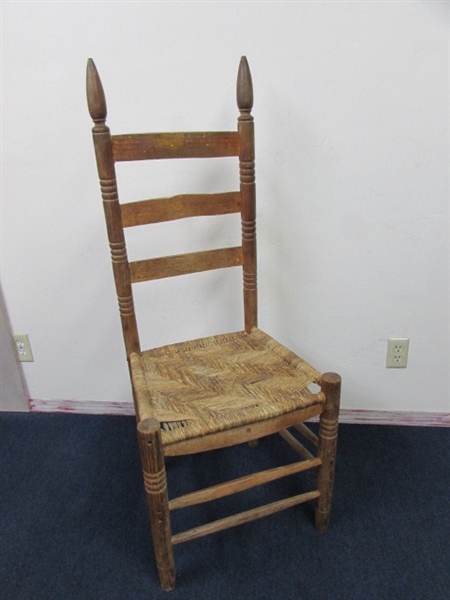 PRIMITIVE HANDMADE WOODEN LADDERBACK CHAIR WITH WOVEN SEAT- SUPER QUILT RACK OR SIDE TABLE