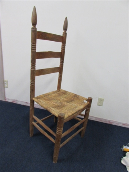 PRIMITIVE HANDMADE WOODEN LADDERBACK CHAIR WITH WOVEN SEAT- SUPER QUILT RACK OR SIDE TABLE