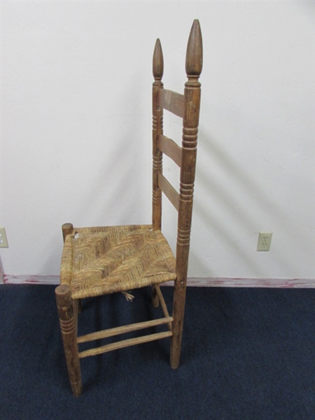 PRIMITIVE HANDMADE WOODEN LADDERBACK CHAIR WITH WOVEN SEAT- SUPER QUILT RACK OR SIDE TABLE