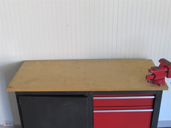 STURDY WORK STATION WITH LOTS OF STORAGE SPACE & A SWIVEL BASE BENCH VISE