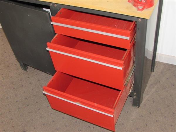 STURDY WORK STATION WITH LOTS OF STORAGE SPACE & A SWIVEL BASE BENCH VISE