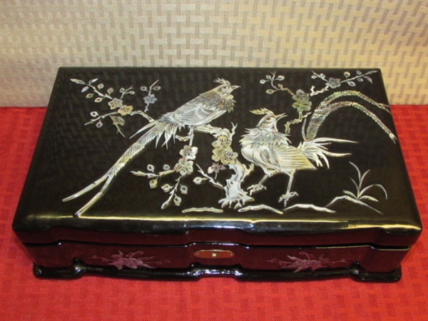 GORGEOUS LACQUERED JEWELRY BOX W/ INLAID MOTHER OF PEARL DESIGN, JEWELRY - RHINESTONES, FAUX PEARLS, 18k GOLD FILLED & MORE