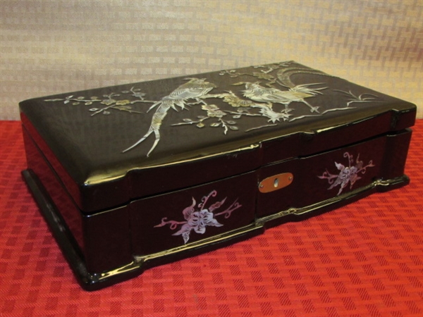 GORGEOUS LACQUERED JEWELRY BOX W/ INLAID MOTHER OF PEARL DESIGN, JEWELRY - RHINESTONES, FAUX PEARLS, 18k GOLD FILLED & MORE