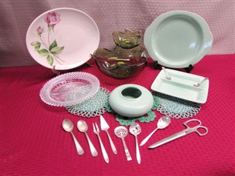 VINTAGE RUFFLED GREEN GLASS CHIP & DIP SET, GREEN POTTERY DISHES, ART DECO EVERSHARP SCISSORS, SILVERPLATE & MORE