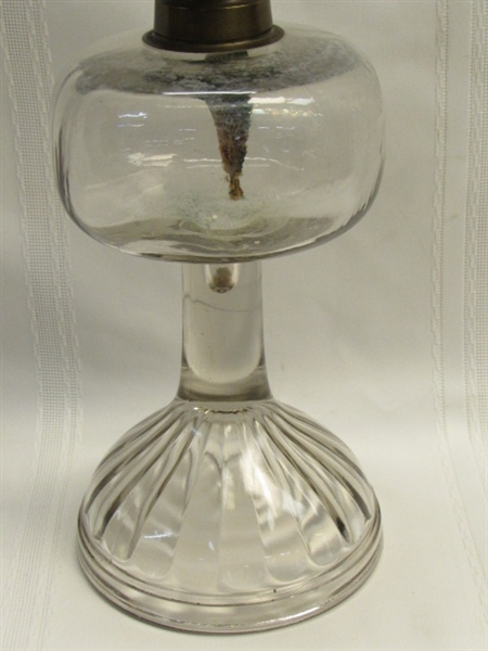 BEAUTIFUL ANTIQUE (EAPG) HURRICANE LAMP, CLEAR MOLDED GLASS TURNING PURPLE, VERY UNIQUE!