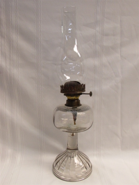 BEAUTIFUL ANTIQUE (EAPG) HURRICANE LAMP, CLEAR MOLDED GLASS TURNING PURPLE, VERY UNIQUE!