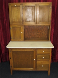 VINTAGE WOOD HOOSIER CABINET WITH FLOUR BIN, BREAD DRAWER & PULL OUT COUNTER