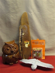 WHOO LOVES OWLS? COLLECTIBLE VINTAGE MCCOY OWL COOKIE JAR, WALL HANGING, WIND CHIME & MORE