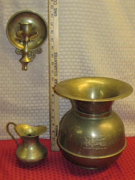 OLD WEST SALOON-BRASS SPITTOON, UNIQUE HANGING CANDLESTICK & SMALL PITCHER