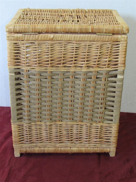 NICE BASKET WITH HINGED LID GREAT AS HAMPER OR WASTE BASKET & PICNIC BASKET