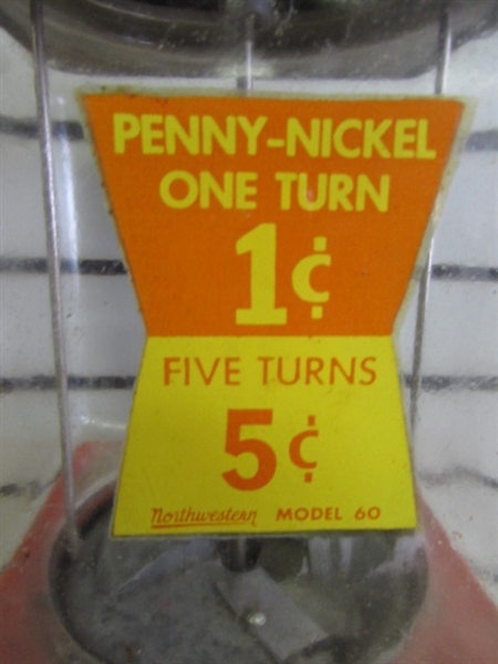 NORTHWESTERN MODEL 60 PENNY/1 TURN, NICKEL/5 TURNS VENDING GUMBALL MACHINE