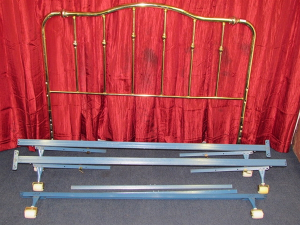 BRASS FINISH QUEEN SIZE BED WITH RAILS, HAS WHEELS FOR EASY MOVING!