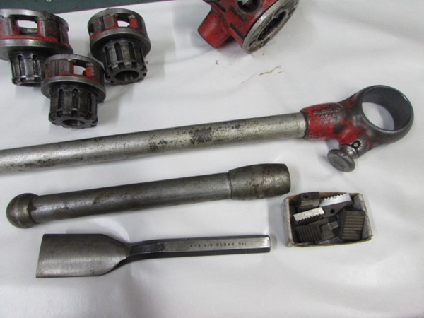 RIGID PIPE THREADERS-1, 3/4, & 1/2 DIES, HEADS, HANDLES & EXTRA TEETH IN BIG METAL TOOLBOX