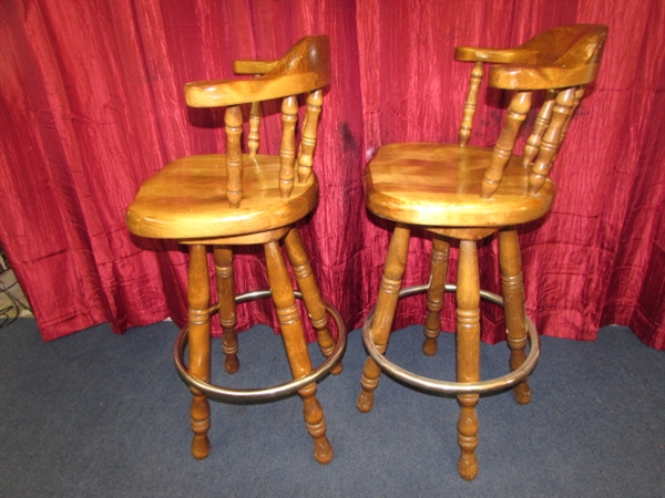 MATCHING PAIR OF HEAVY MAPLE SWIVEL CAPTAIN'S BAR STOOLS