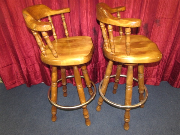 MATCHING PAIR OF HEAVY MAPLE SWIVEL CAPTAIN'S BAR STOOLS