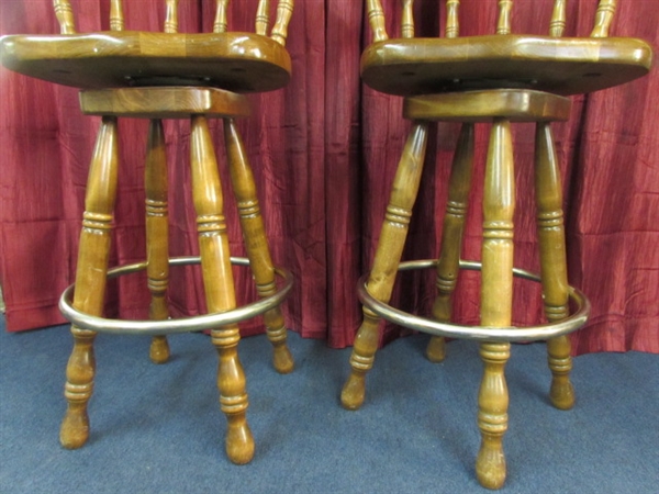 MATCHING PAIR OF HEAVY MAPLE SWIVEL CAPTAIN'S BAR STOOLS