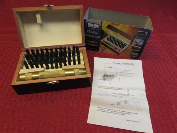 NIB SIERRA TOOLS PERSONAL STAMPING KIT WITH WOOD BOX.  WORKS ON METAL OR WOOD-ALL LETTERS & NUMBERS