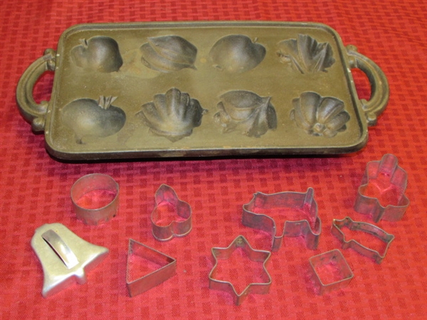 RARE CAST IRON MUFFIN MOLD FOR FRUIT & VEGGIE SHAPED MUFFINS & OLD TIN COOKIE CUTTERS