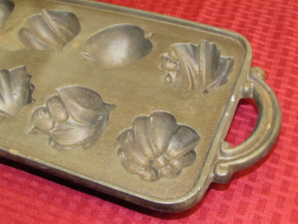 RARE CAST IRON MUFFIN MOLD FOR FRUIT & VEGGIE SHAPED MUFFINS & OLD TIN COOKIE CUTTERS