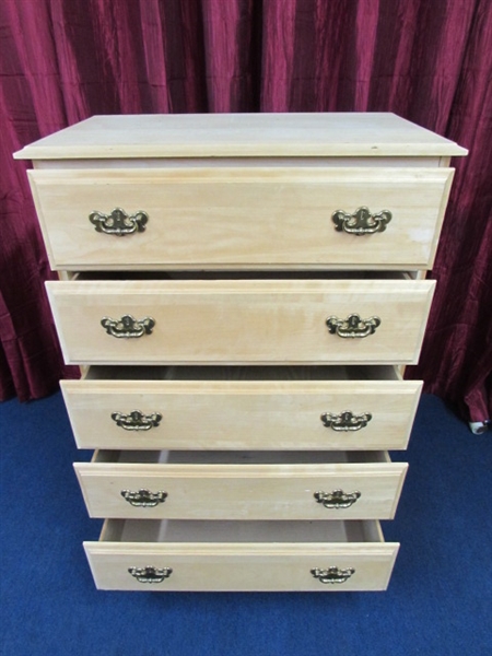 TALL & STURDY FIVE DRAWER AMERICAN COLONIAL STYLE LIGHT NATURAL WOOD DRESSER
