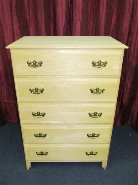 TALL & STURDY FIVE DRAWER AMERICAN COLONIAL STYLE LIGHT NATURAL WOOD DRESSER