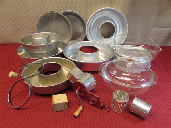 SWEET TABLE CLAMP GRATER, PYREX, TUBE MOLDS, & ROUND EGG/PANCAKE BATTER RINGS, & PIE PANS