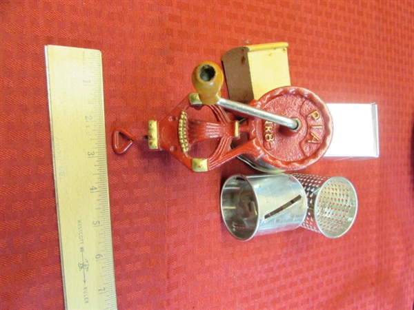 SWEET TABLE CLAMP GRATER, PYREX, TUBE MOLDS, & ROUND EGG/PANCAKE BATTER RINGS, & PIE PANS