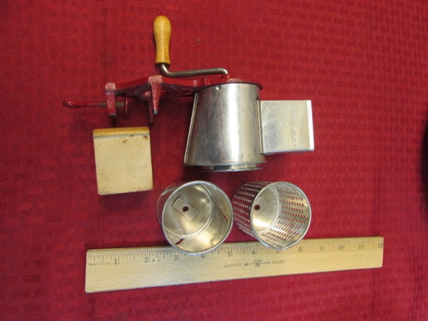 SWEET TABLE CLAMP GRATER, PYREX, TUBE MOLDS, & ROUND EGG/PANCAKE BATTER RINGS, & PIE PANS