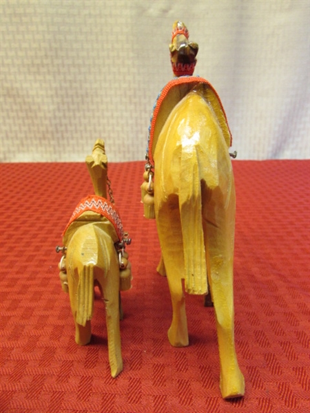 TWO VINTAGE CARVED OLIVE WOOD CAMELS FROM ISRAEL