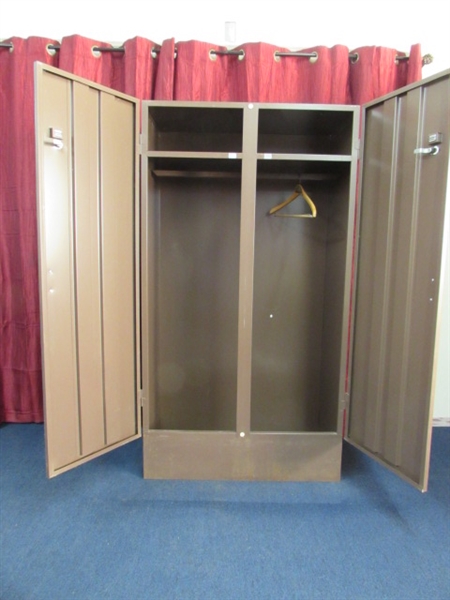 TWO-DOOR METAL STORAGE CLOSET WITH SHELF, FULL HANGER BAR & LOCKING DOORS