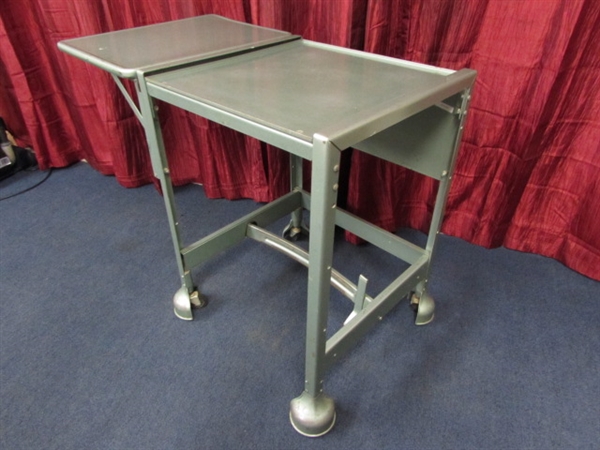 COOL MID CENTURY TIFFANY DROP LEAF TYPEWRITER STAND ON WHEELS - METALLIC BLUE VERY INDUSTRIAL