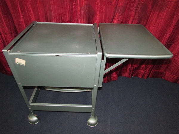 COOL MID CENTURY TIFFANY DROP LEAF TYPEWRITER STAND ON WHEELS - METALLIC BLUE VERY INDUSTRIAL