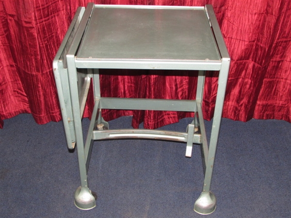 COOL MID CENTURY TIFFANY DROP LEAF TYPEWRITER STAND ON WHEELS - METALLIC BLUE VERY INDUSTRIAL