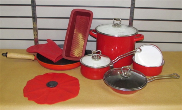 GORGEOUS RED ENAMEL TIVOLI POTS & PANS, FRY PAN MADE IN FRANCE & RED SILICON GADGETS