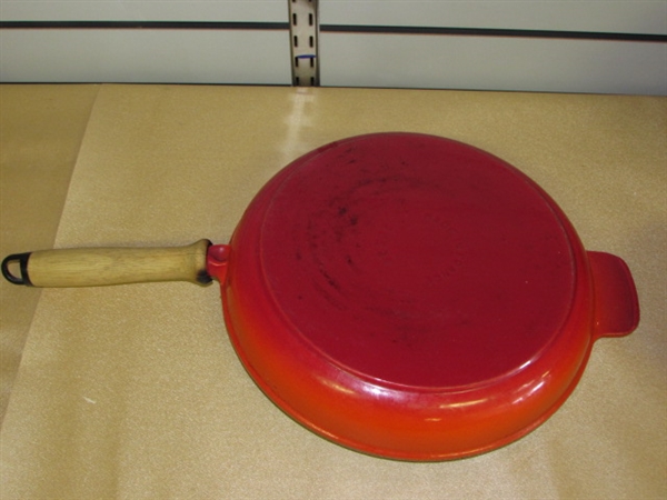 GORGEOUS RED ENAMEL TIVOLI POTS & PANS, FRY PAN MADE IN FRANCE & RED SILICON GADGETS