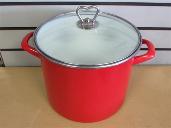 GORGEOUS RED ENAMEL TIVOLI POTS & PANS, FRY PAN MADE IN FRANCE & RED SILICON GADGETS