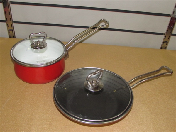 GORGEOUS RED ENAMEL TIVOLI POTS & PANS, FRY PAN MADE IN FRANCE & RED SILICON GADGETS