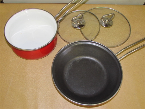 GORGEOUS RED ENAMEL TIVOLI POTS & PANS, FRY PAN MADE IN FRANCE & RED SILICON GADGETS