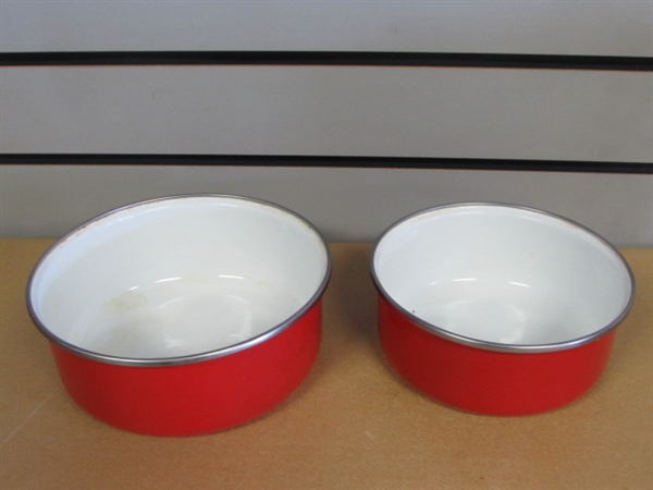 GORGEOUS RED ENAMEL TIVOLI POTS & PANS, FRY PAN MADE IN FRANCE & RED SILICON GADGETS