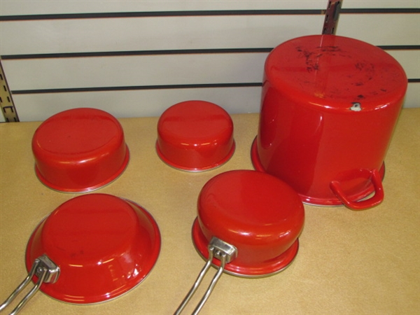 GORGEOUS RED ENAMEL TIVOLI POTS & PANS, FRY PAN MADE IN FRANCE & RED SILICON GADGETS