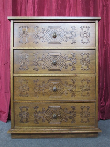 STURDY VINTAGE FOUR-DRAWER DRESSER WITH DARLING CARVED DESIGN IN DRAWERS