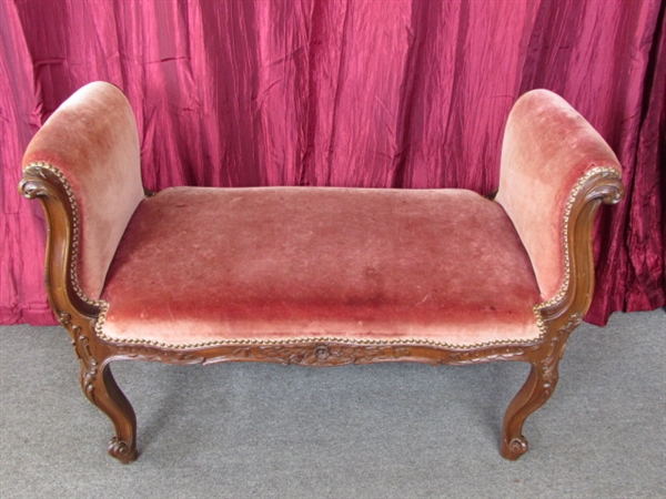 GORGEOUS ANTIQUE ROLLED ARM BENCH WITH ORNATELY CARVED DETAILS & ORIGINAL FABRIC