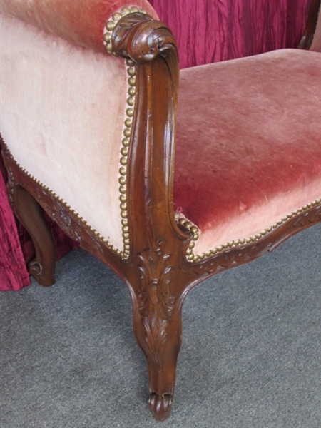 GORGEOUS ANTIQUE ROLLED ARM BENCH WITH ORNATELY CARVED DETAILS & ORIGINAL FABRIC