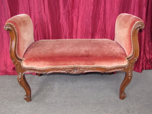 GORGEOUS ANTIQUE ROLLED ARM BENCH WITH ORNATELY CARVED DETAILS & ORIGINAL FABRIC